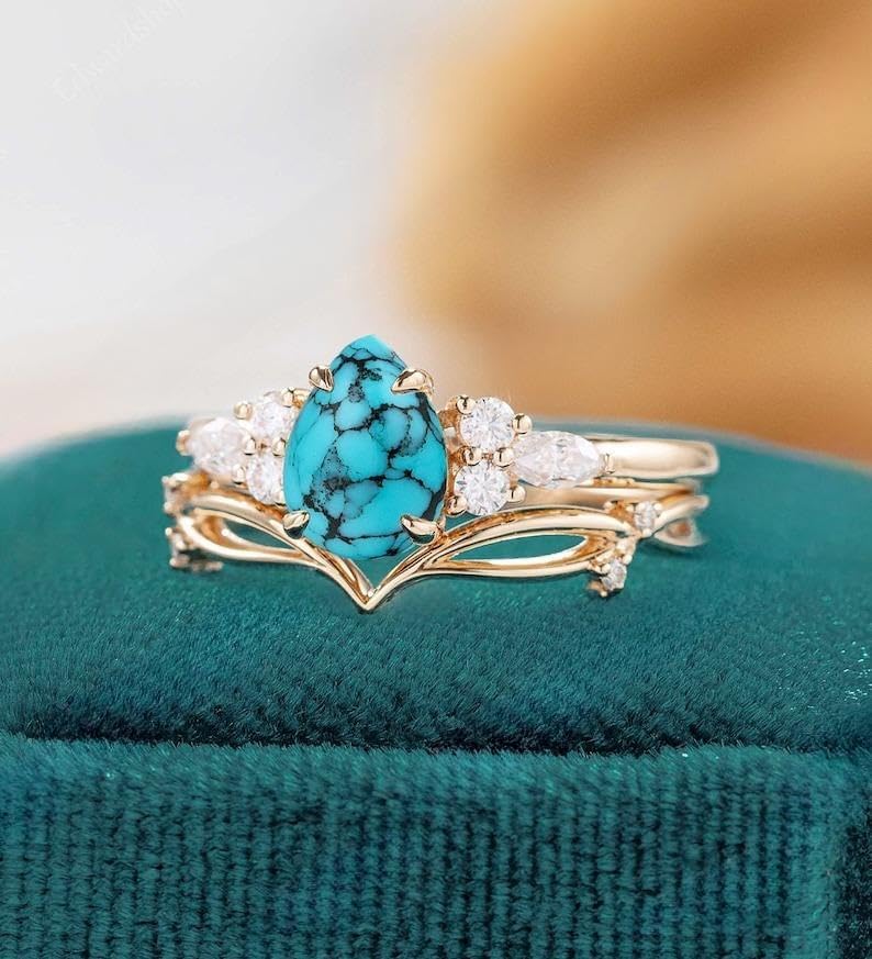 turquoise engagement ring set Pear shaped women rose gold marquise cut moissanite unique diamond curved wedding band Bridal set