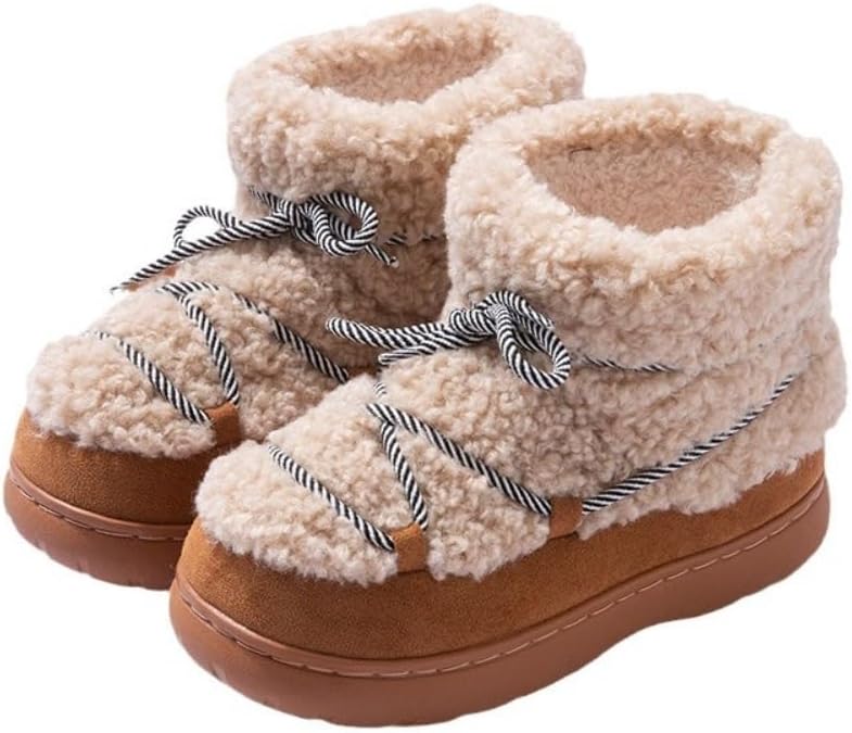 Winter Snow Shoes Sherpa Fur Boots Lace Up Faux Plantform Cute Furry Round Toe Pull On Mid Calf Warm Non-Slip Flats Thermal Inner Lined Waterproof Casual Lightweight Wear Millennial Trendy Booties