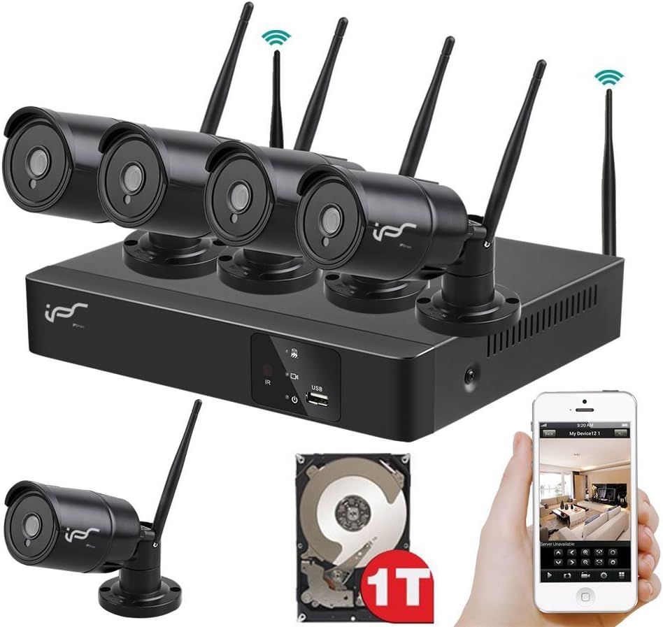 IPSmart 4CH 720P CCTV WIFI NVR Kit Home Surveillance Security System with 4pcs 1.0 Megapixel HD Outdoor Bullet IP Cameras Built-in 1TB HDD Plug&Play Night Vision and Real-time Live View