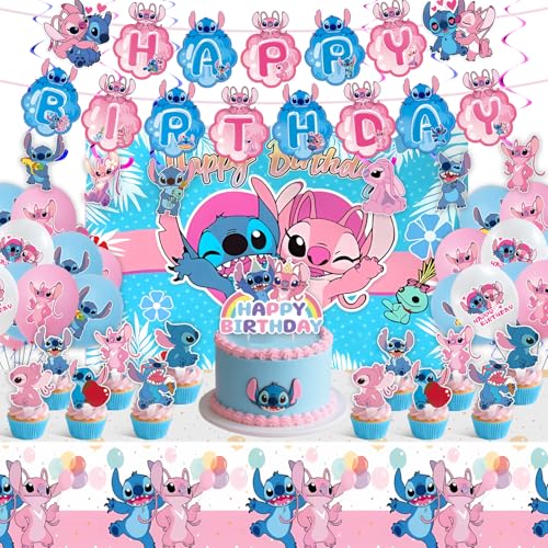 Stitch Party Supplies Birthday Party Decorations Set Include Banner Backdrop Balloons Hanging Swirls Cake Cupcake Toppers Tablecloth for Boys Girls Stitch Angel Party Decorations