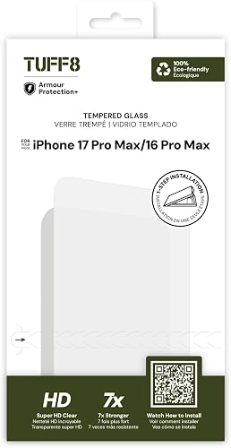 TUFF8 Tempered Glass with Auto Installer for iPhone 17 Pro Max, Clear