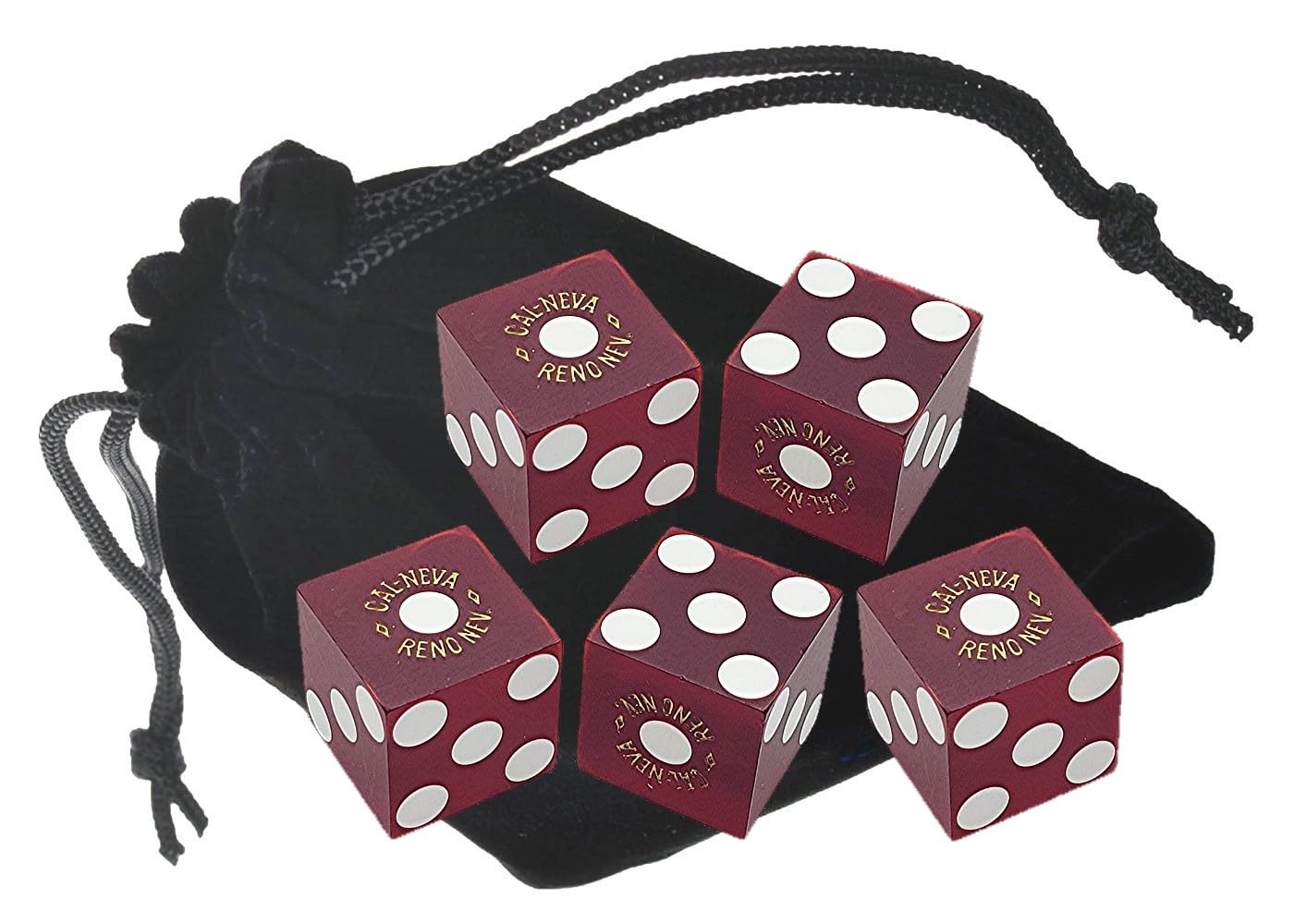 Authentic Lake Tahoe Reno Nevada Non-Vegas Casino Table-Played Craps Dice Set with Pouch, Full Stick of 5 Matching Serial Numbers - Reno Cal Neva (Dark Red Frosted)