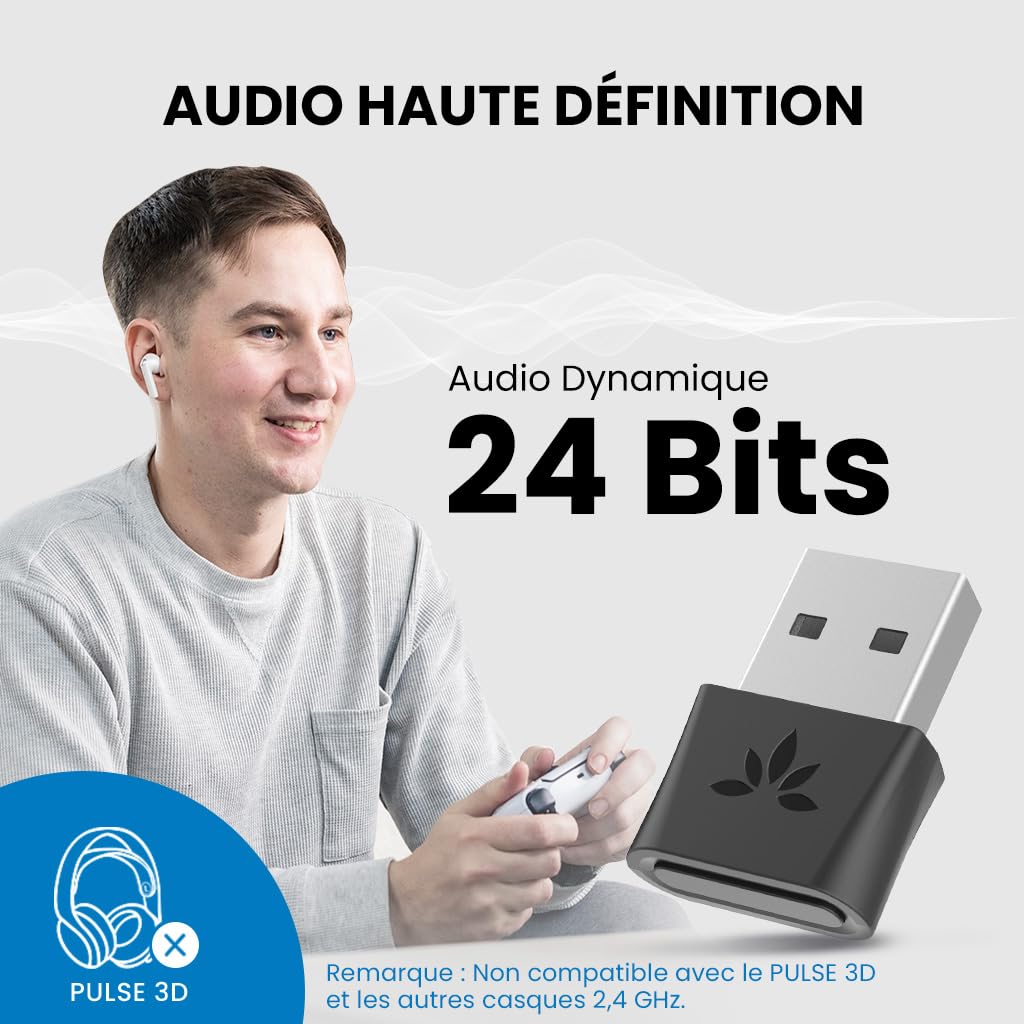 Avantree DG80-Gaming - Adaptateur Dongle USB Bluetooth 5.3 pour PS5 et Consoles de Jeu, avec aptX-Adaptive et Faible Latence, Clé émetteur Audio sans Fil pour Bluetooth Casques et Écouteurs