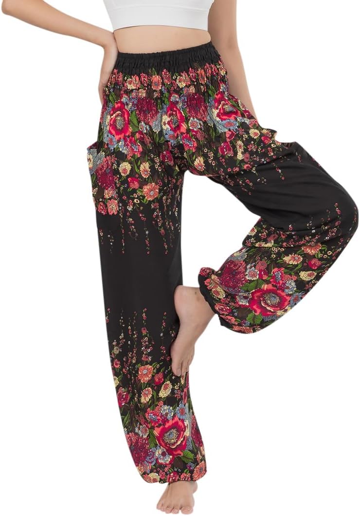 Banjamath® Women's Smocked Waist Harem Hippie Boho Yoga Palazzo Casual Pants (M,Floral Black 2)