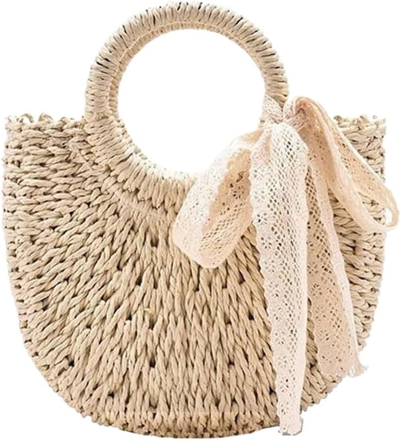Summer Womens Handbags Rattan Straw Handmade Purse Beach Bag Semi Circle Crossbody Shoulder Bag Top Handle Handbag(Khaki)