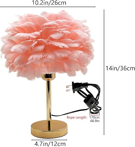 Miniatura 3 de Lámpara de mesa de plumas rosadas, lámparas de mesita de noche, luz nocturna LED moderna con acabado dorado para decoración de hotel, boda, regalos