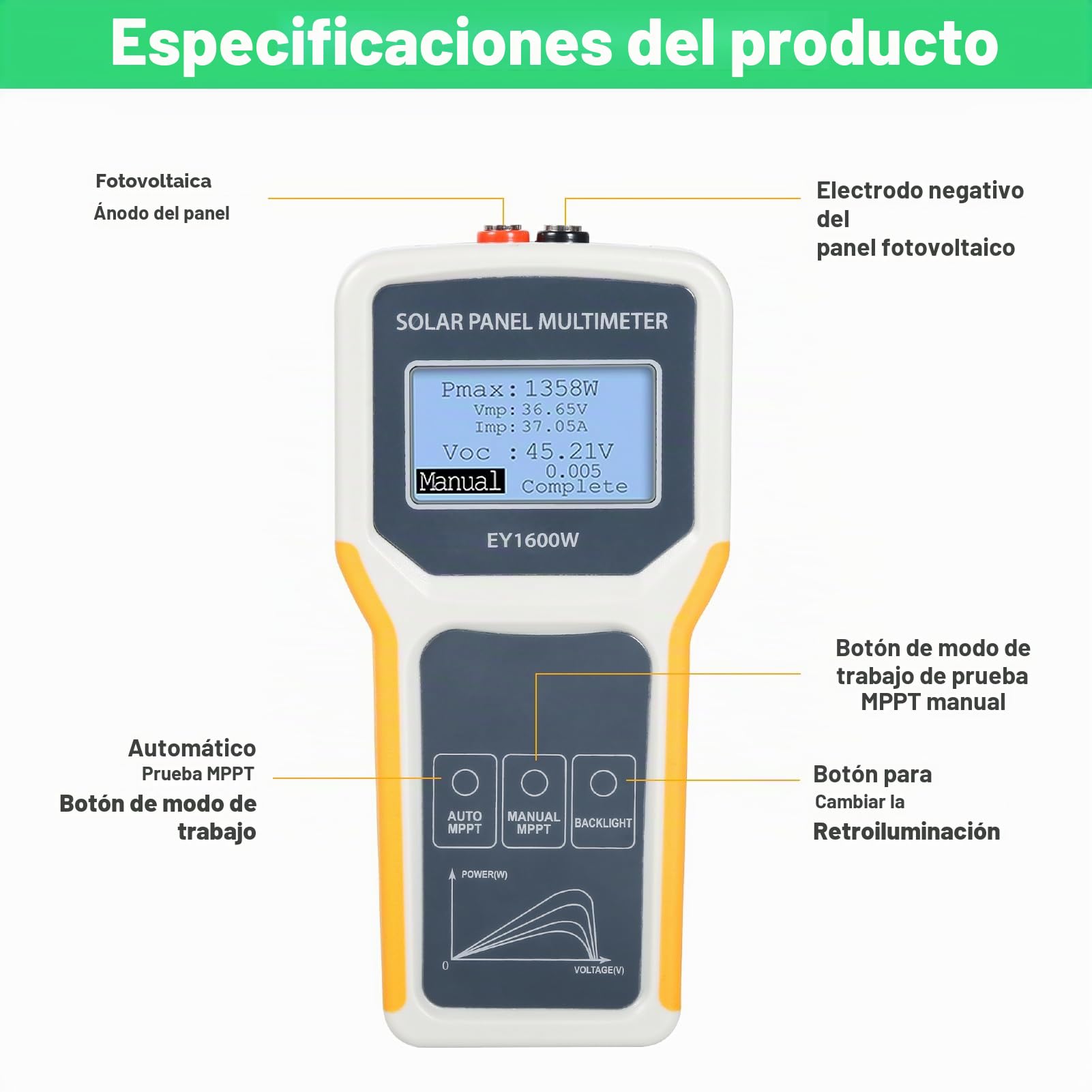 BuyWeek 1600W Panel Solar MPPT Tester, Multímetro Digital de Panel Fotovoltaico con Pantalla LCD Iluminar Desde el Fondo, No Requiere Energía Probador de voltaje de circuit para Panel Solar PV