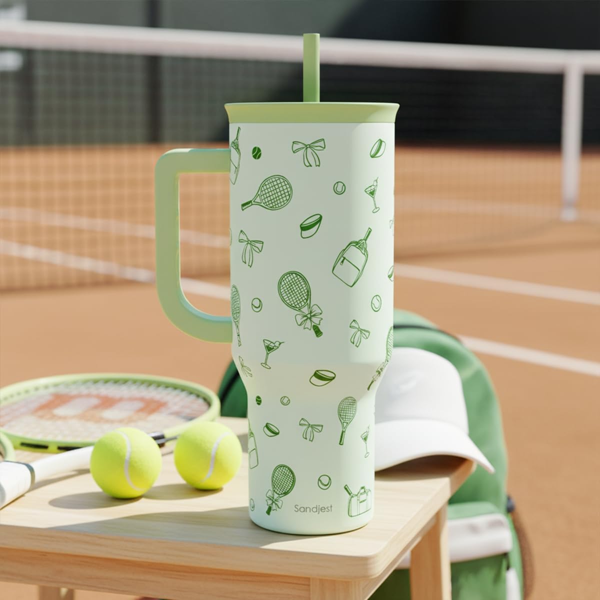SANDJEST Tennis 40oz Tumbler With Handle and Straw, Insulated Stainless Steel Travel Coffee Mug for Women Girls Tennis Players, Gift Idea for Birthday Christmas Mothers Day