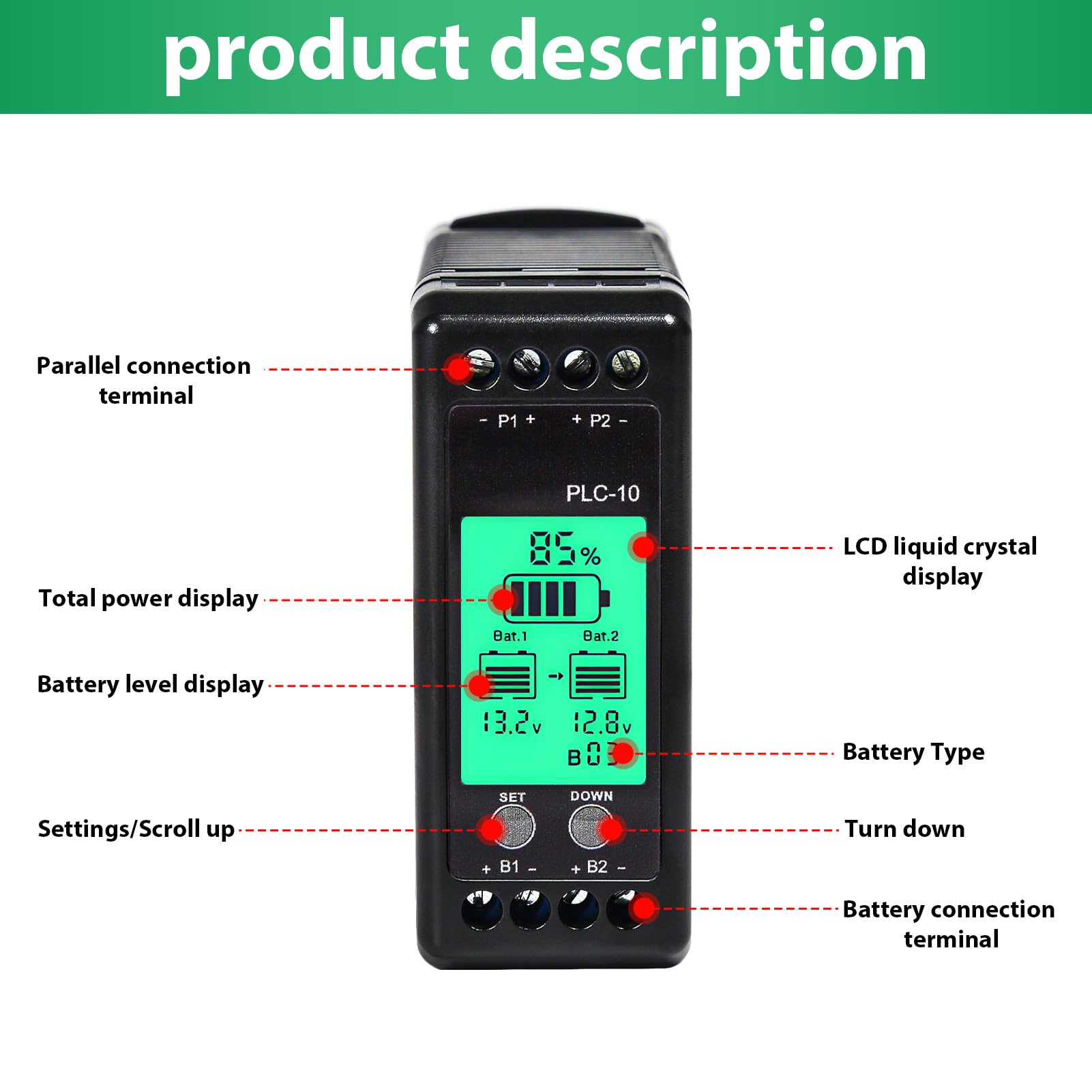 Jadeshay Korektor akumulatora, 2 x 12 V/24 V/48 V/60 V/72 V/96 V, balanser napięcia akumulatora, PLC-10, do akumulatorów kwasowo-ołowiowych, litowych, niklowo-metalowo-wodorkowych, solarnych systemów