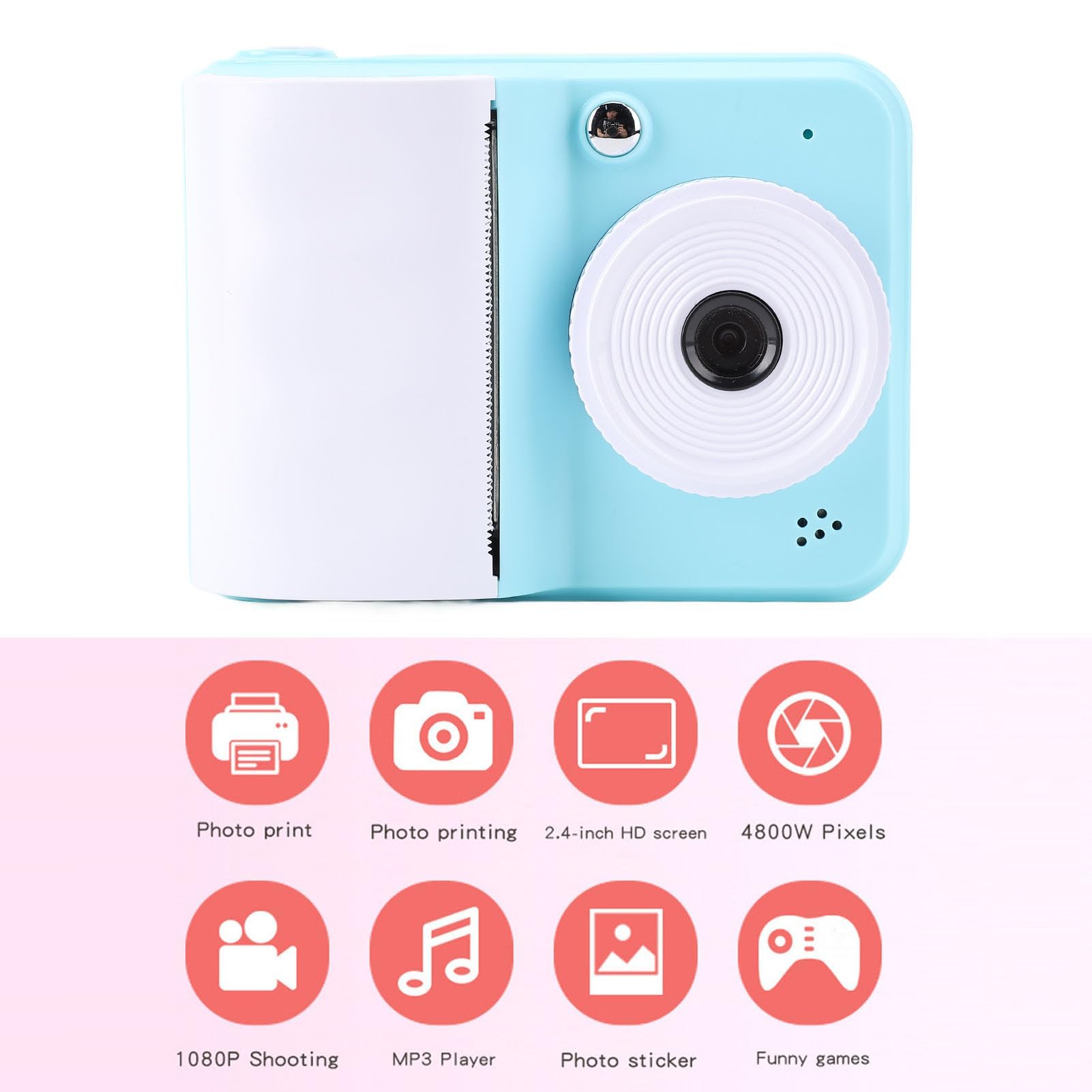 Sofortbildkamera, 48MP 1080P HD Sofortdruck Digitalkamera mit 2,4 Zoll Bildschirm, Tragbare Reisekameras, Thermodruck mit Druckpapier für Selfies (Blue)