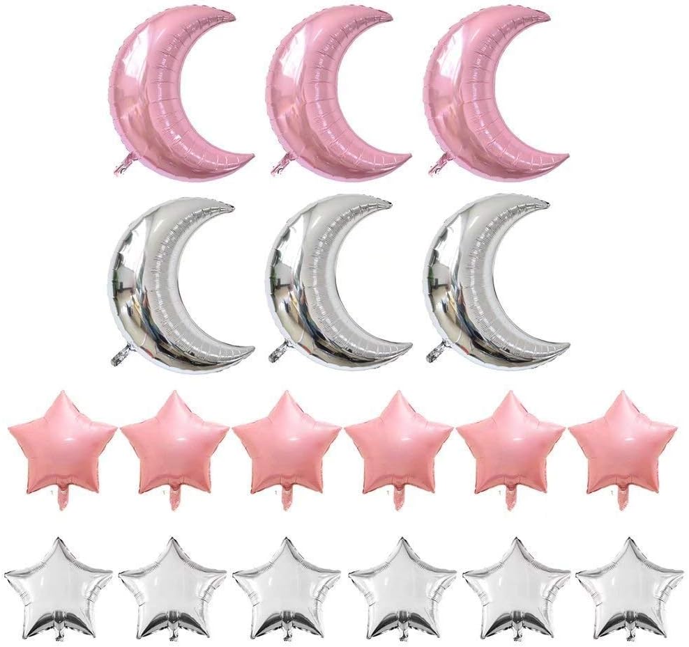 Crescent Moon Shaped Mylar Balloons 36 inch Moon and Star Party Balloons Pack of 18 for Birthday Party Anniversary Celebrate Parties Wedding Baby Shower Decorations (Pink and Silver)