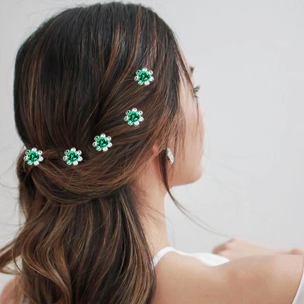 Crystal Bride Wedding Hair Pins Silver Hair Piece Bridal Flower Green Crystal Bride Wedding Hair Pins Silver Flower 3.57 Inch  main image 3