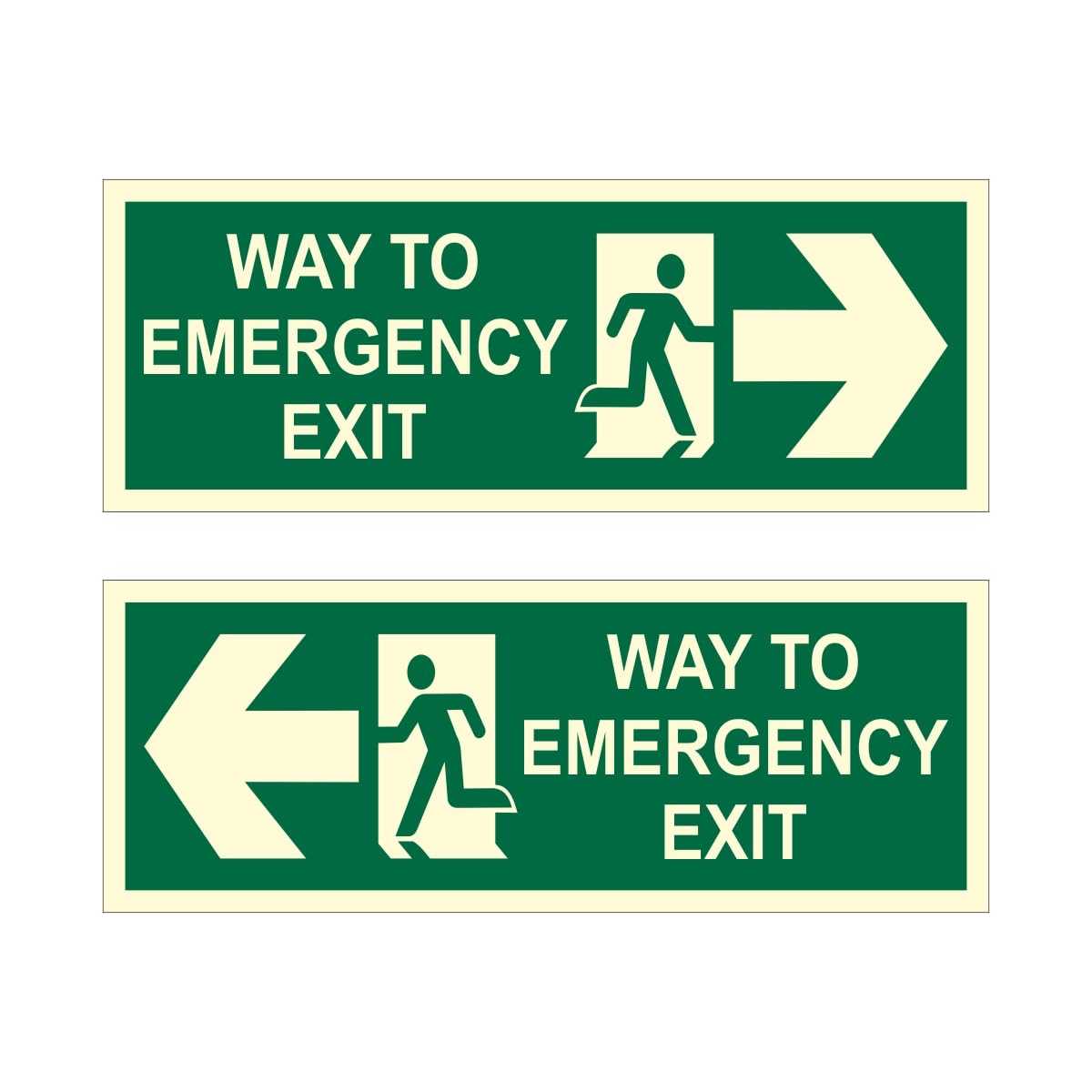 Being Safe - Way To Emergency Exit Left and Right Arrow Night Glow Signboard On PVC Sunboard 3 mm Size-400mm X 150mm (Pack of 02)