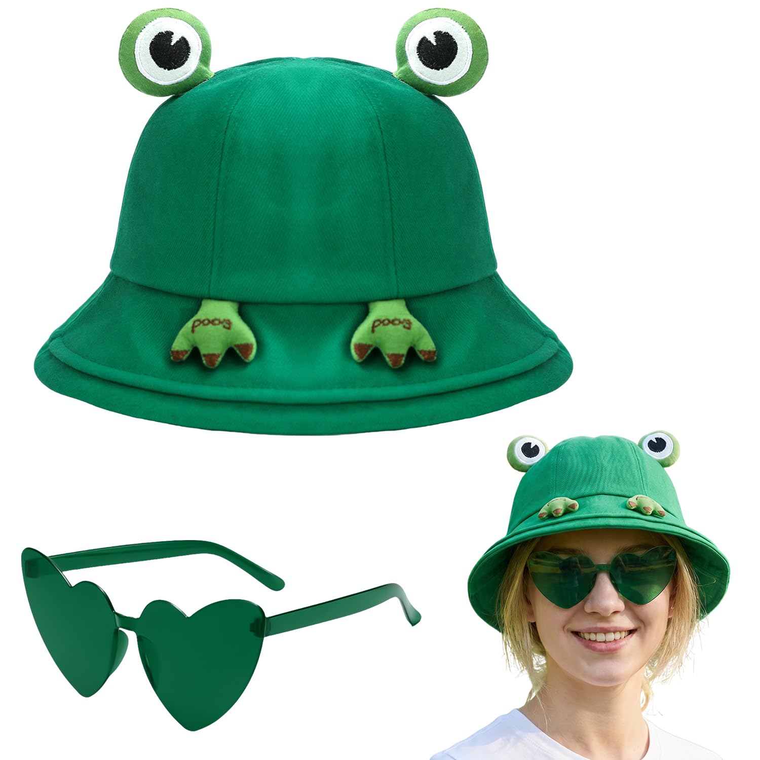 TIHNY Cute Frog Bucket Hat with Glasses Set, Cotton Wide Brim Sun Fisherman Hat for Women and Girls, Foldable Summer Cap for Festival, Party and Outdoor