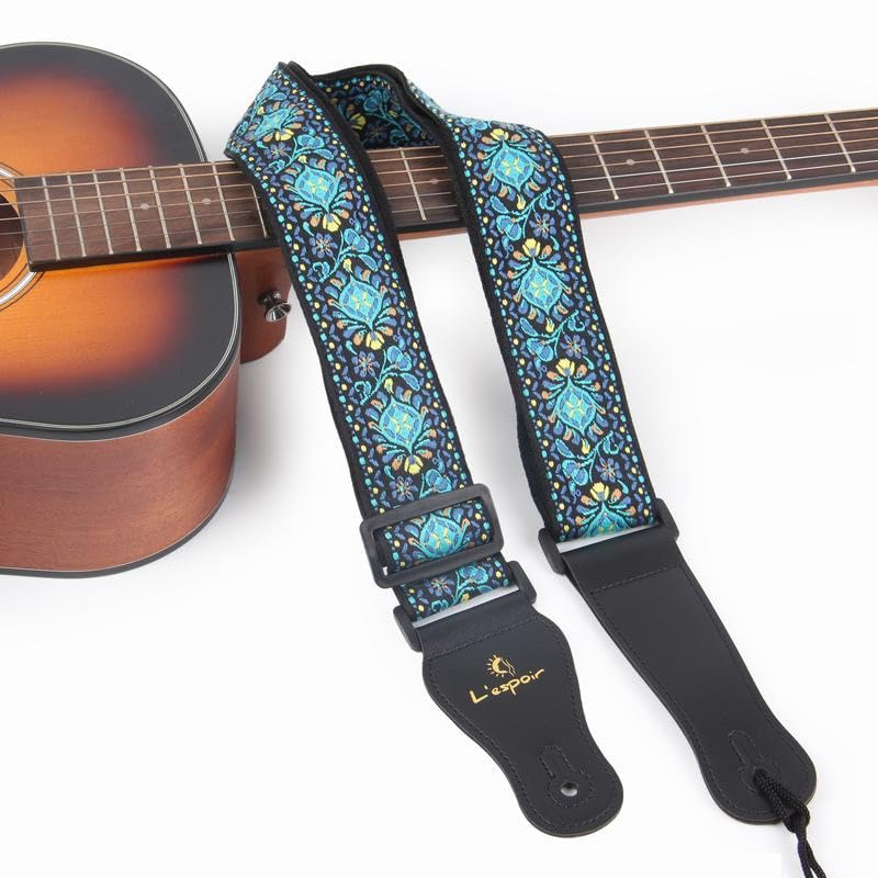 OUTFYT Rock Punk Jacquard broderie coton fleur sangle de guitare bleu vert guitare basse électrique longueur réglable 90-140 cm - Les Beatles, Paul McCartney, John Lennon, RIngo Starr, George Harrison OUTFYT Rock Punk Jacquard broderie coton fleur sangle de guitare bleu vert guitare basse électrique longueur réglable 90-140 cm – Image 5