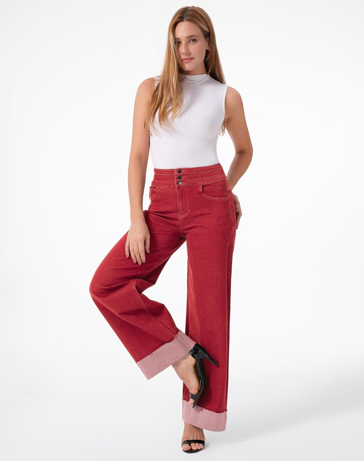 roswear Women's High Waisted Stretchy Wide Leg Jeans Cuffed Baggy Jeans Loose Denim Pants - Image 7