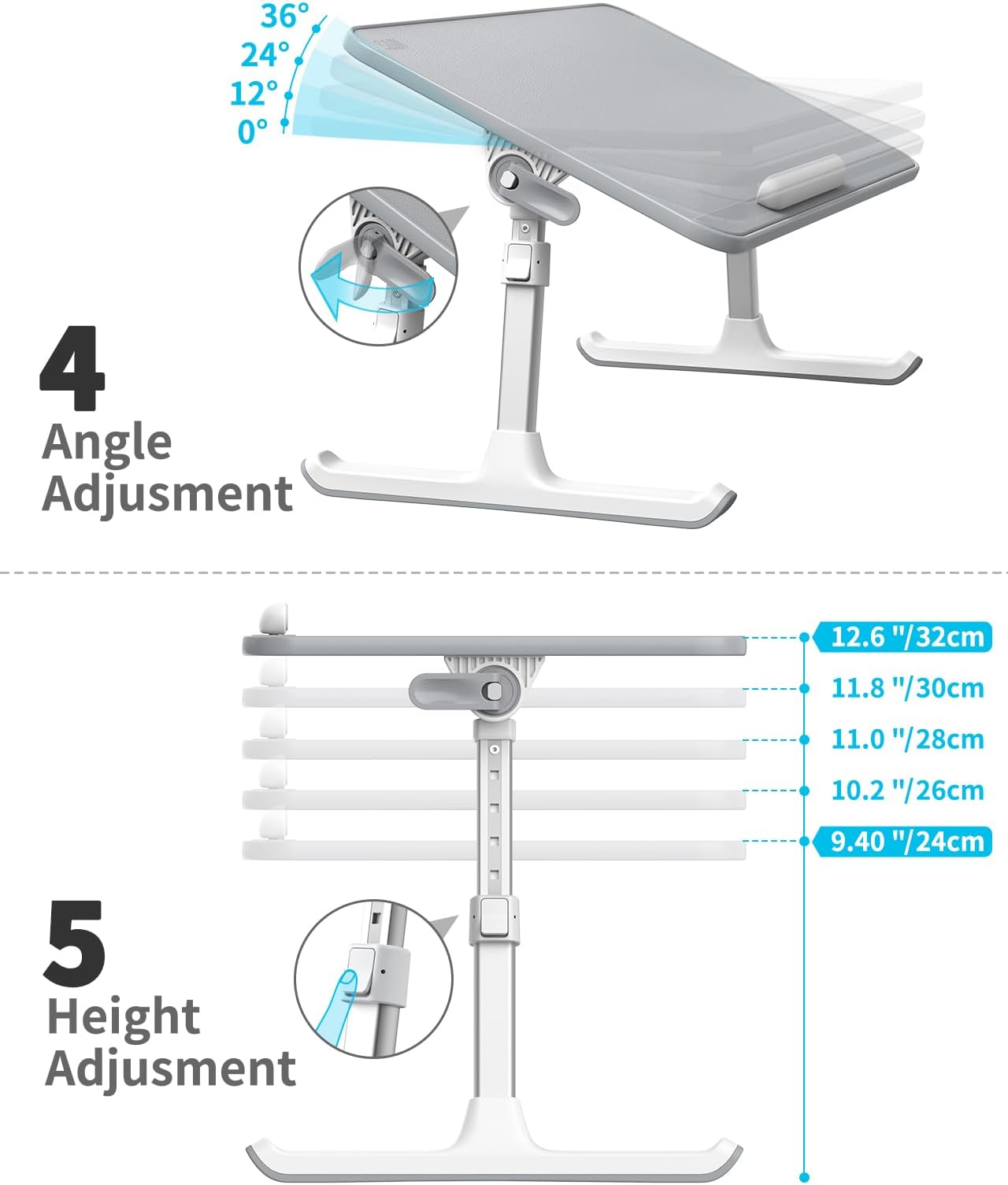 SAIJI Laptop Table for Bed 52cm x 30cm, Adjustable & Foldable Laptop Bed Table with Height & Angle Control, Portable Laptop Desk, Aluminium Alloy Legs, Non-Slip Wrist Rest, Up to 17” Laptop - Grey