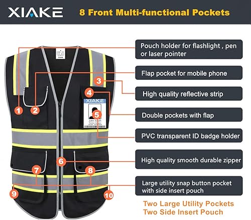 Miniatura 3 de XIAKE Chaleco de seguridad reflectante para hombres y mujeres, chaleco de alta visibilidad clase 2 con bolsillos, cumple con las normas ANSI
