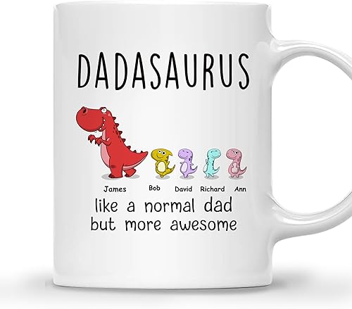 Gossby Taza personalizada DADASAURUS (4 niños) Divertida taza de café para papá de parte de hija, hijo con avatares de dinosaurios, nombres, regalo