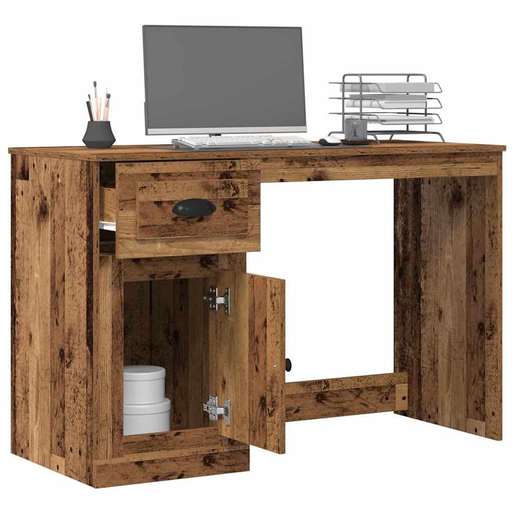 Scrivania con anta, in legno anticato, 50 x 115 x 75 cm, con cassetto, compatta, per ufficio, laptop, postazione di lavoro per casa, studio
