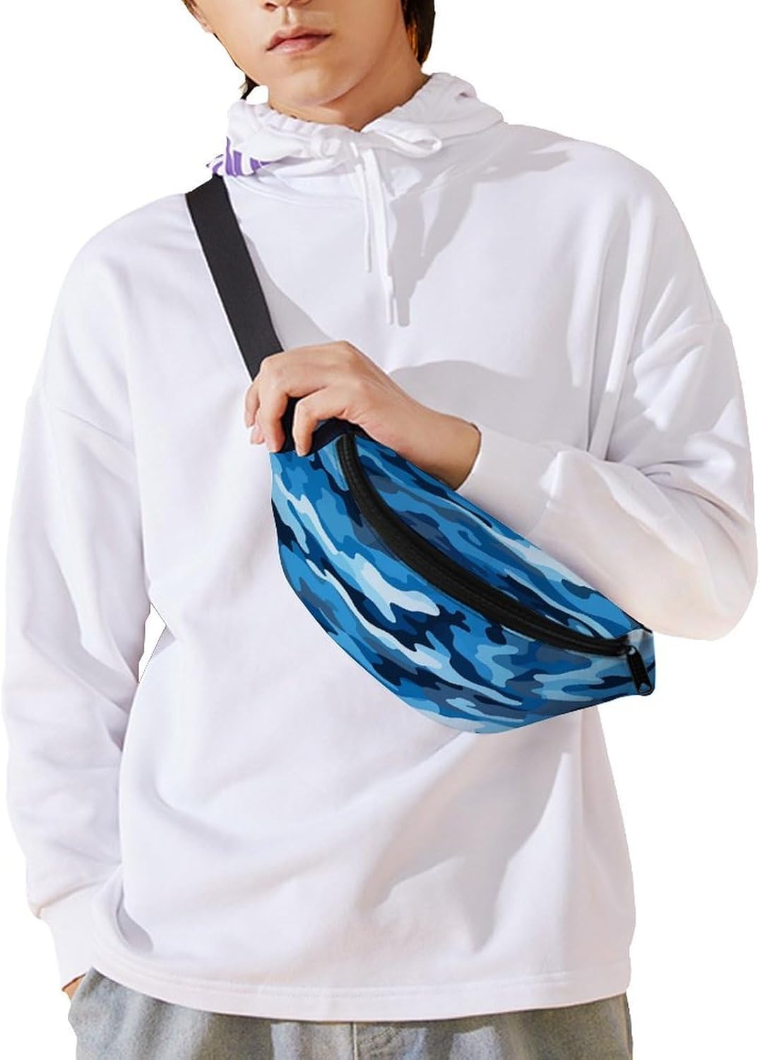 Fanny Pack for Men & Women Blue Camouflage Pattern Printed Butt Pack Polyester Waist Bag with Adjustable Strap Cycling Bag for Hiking Running & Travel