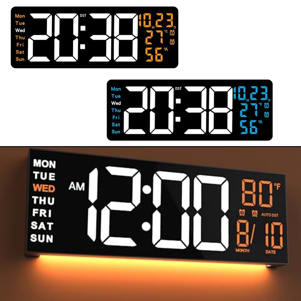 41,1 cm LED-Wanduhr, digitale multifunktionale LED-Uhr, Fernbedienung, automatische Helligkeit, Dimmer, Wanduhren für Wohnzimmer (orange)