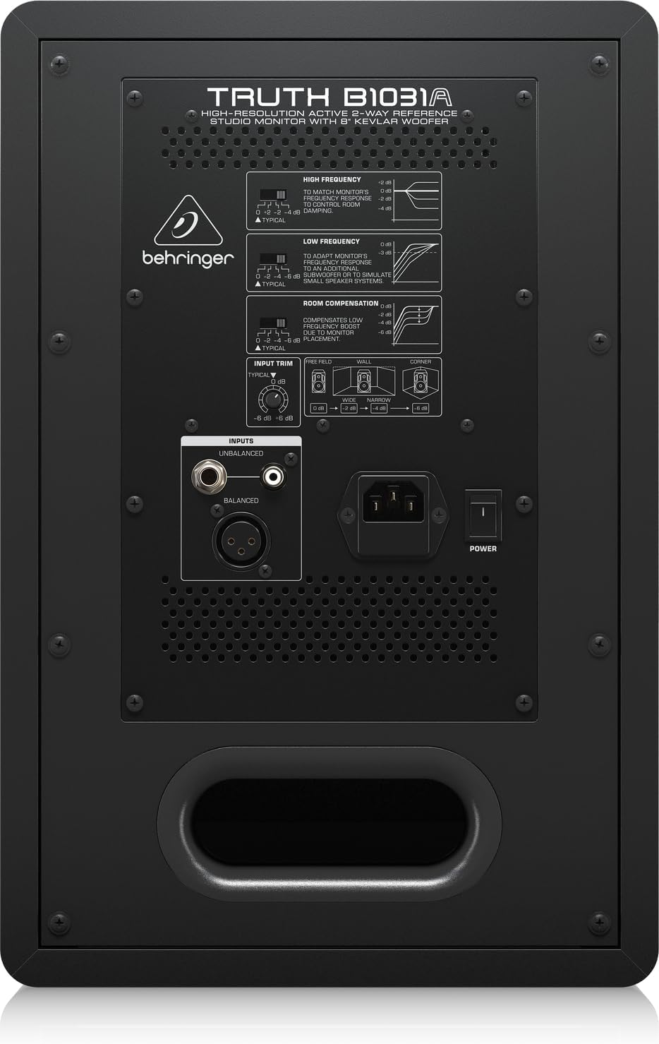 പിൻഭാഗം view of the Behringer Truth B1031A studio monitor with input and control options