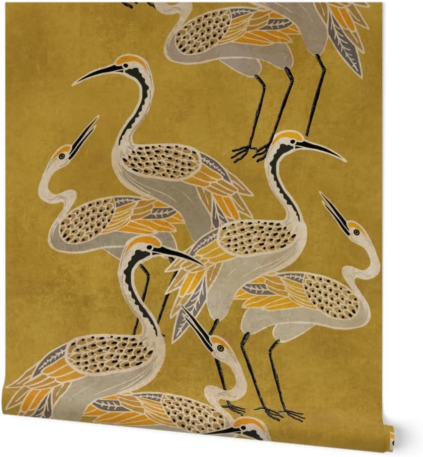 Peel & Stick Wallpaper Swatch - Gold Chinoiserie Vintage Cranes Stork Heron Light Cream Soft Gold Animalier Custom Removable Wallpaper by Spoonflower