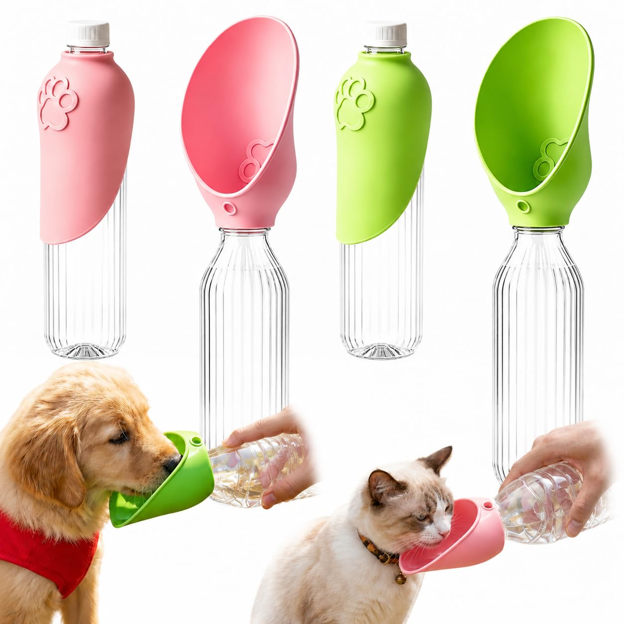 Dog Water Bottle for Walking, Portable Pet Water Bottle for Dogs & Cats, Waters Dispenser for Travel Hiking, Leakproof Silicone Pet Drinking Cup, Universal Plastic Bottles Attachment (Red & Green)