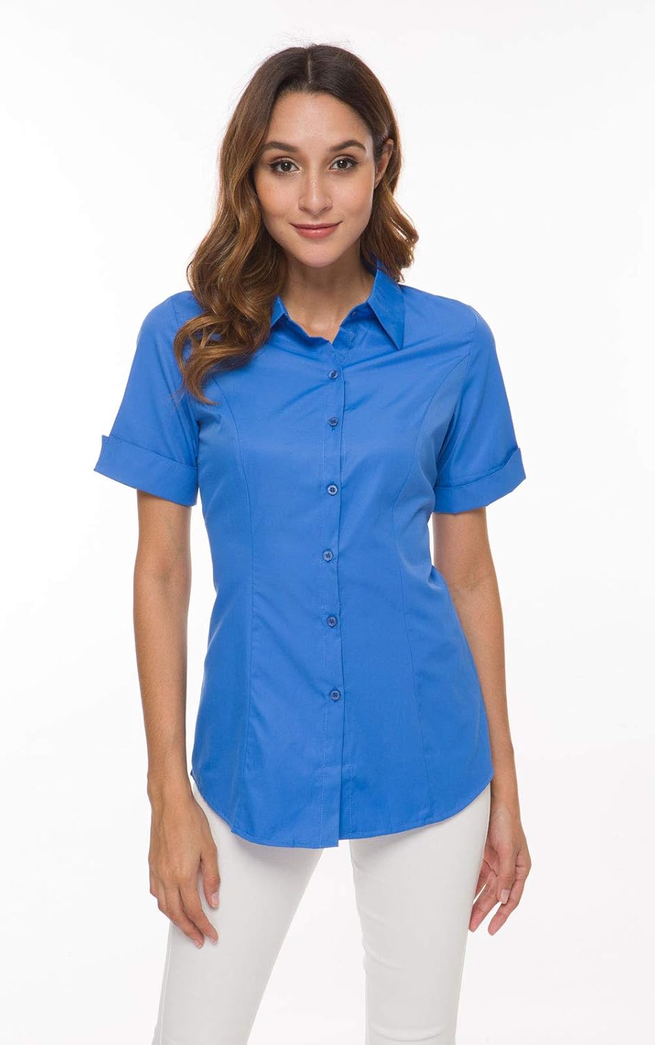 Double Plus Open Women's Basic Cotton Stretch Dress Shirt Short Sleeve Blouse - Image 4