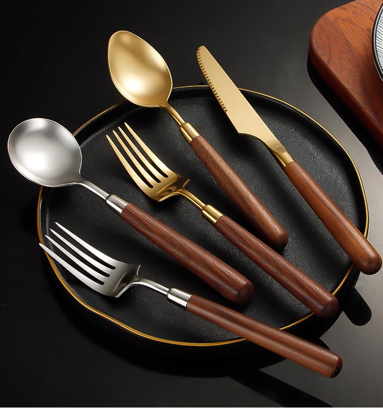 Ensemble de Couverts, 4/16/24/32 pièces, Manche en Bois, Acier Inoxydable 304, Couteau à Steak, Fourchette et cuillère, Service de Table pour Restaurant et Usage Domestique, argenté - 4 ense