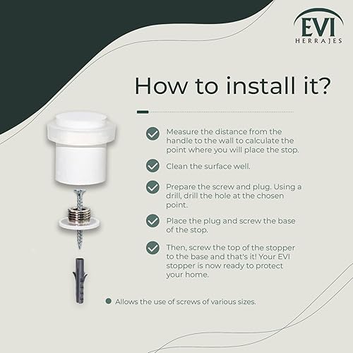 Miniatura 6 de Topes de puerta EVI Tope de puerta de acero inoxidable blanco - Cierre de tornillo - Protector de goma blanca - Tope de puerta de 0.79 x 0.99