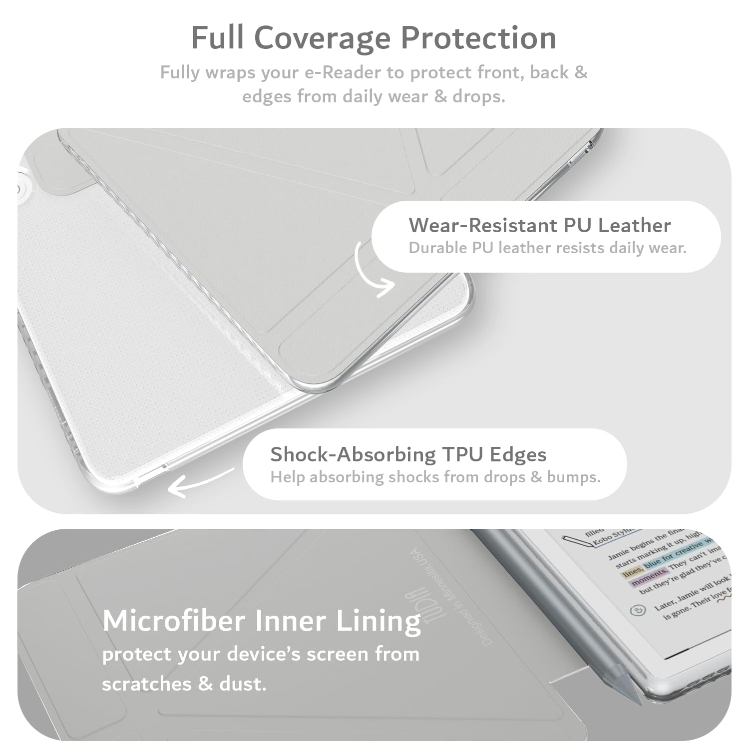 TUDIA M-Flip Coque Magnétique Transparente Amovible Compatible avec Kobo Libra Colour (2024) [Veille/Réveil Automatique] Étui Arrière Transparent Pliable avec Porte-Stylet (Gris) - 4