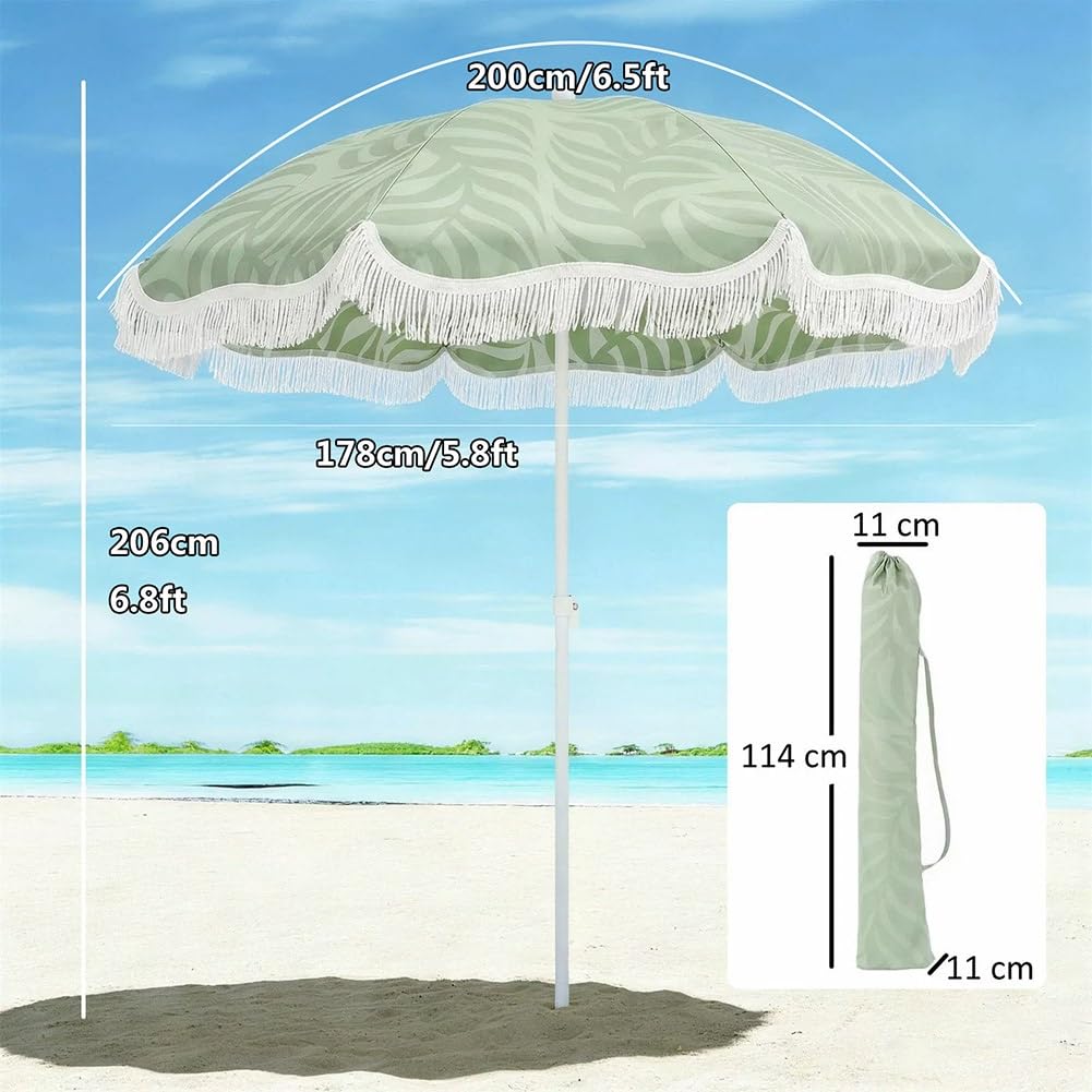 200 cm Parasol Plażowy w Boho z Frędzlami, Przenośny Nachylenia Parasol Przeciwsłoneczny z Nadrukiem i Torbą Transportową, UPF30+ do Ogrodu, Basenu