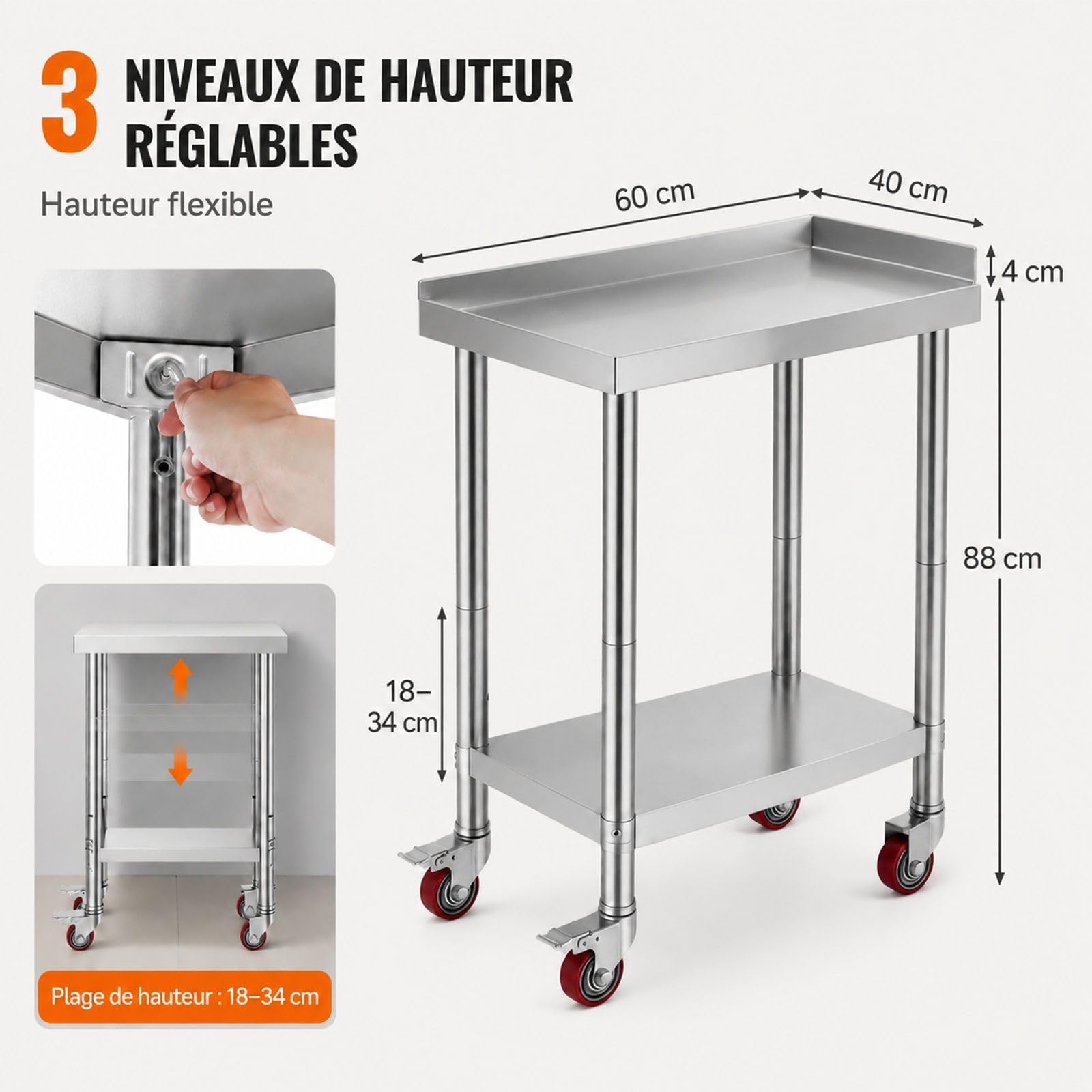 Table de Travail en Acier Inoxydable avec roulettes et Pieds réglables pour Cuisine et Atelier