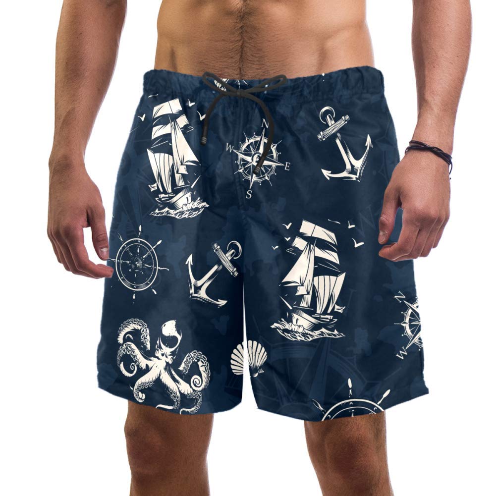 Man Beach Shorts Nautical Sailing Ship Navigational Compass Wheel Octopus Lobster Swordfish Swim Trunks Elastic Swimsuit Board Shorts for Men,M