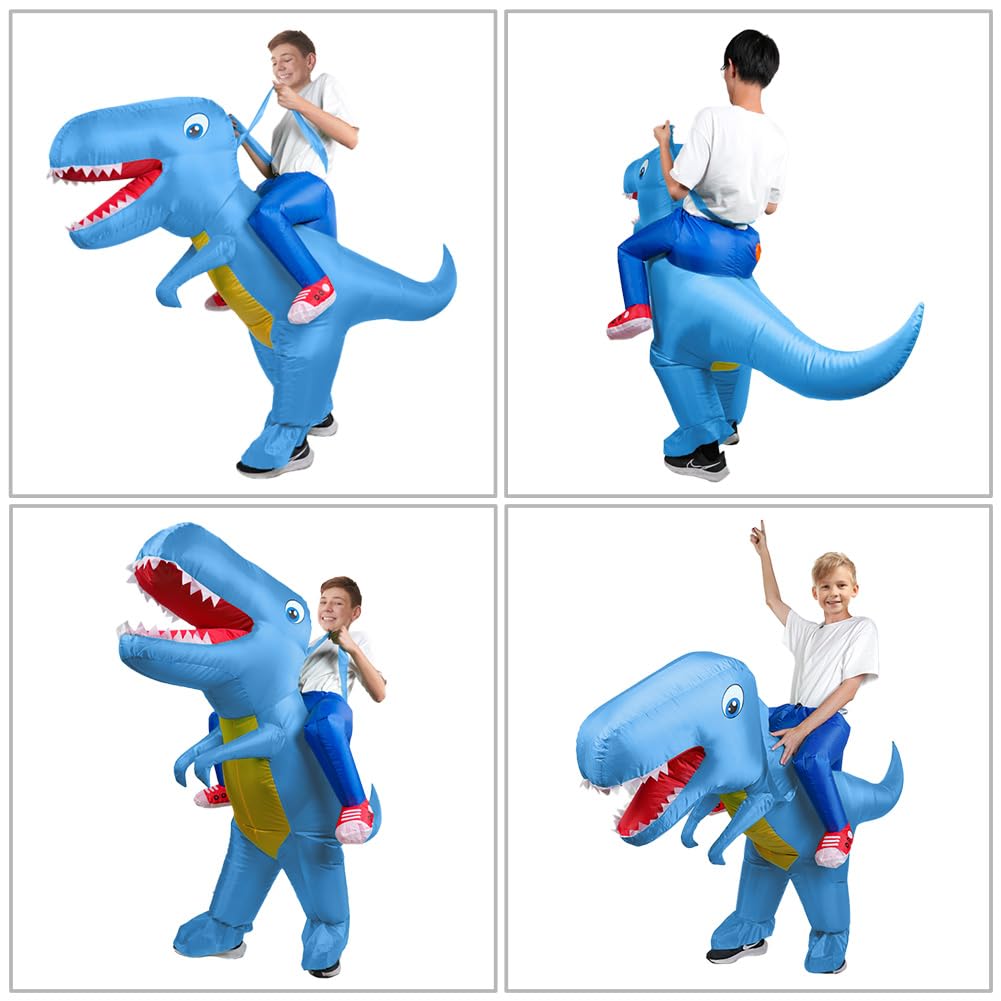 AOOWU Kostium dinozaura, luksusowy nadmuchiwany kostium dinozaura T-Rex, nadmuchiwany strój fantazyjny dla dzieci, zabawny zielony dinozaur do przebierańców na Halloween, niebieski