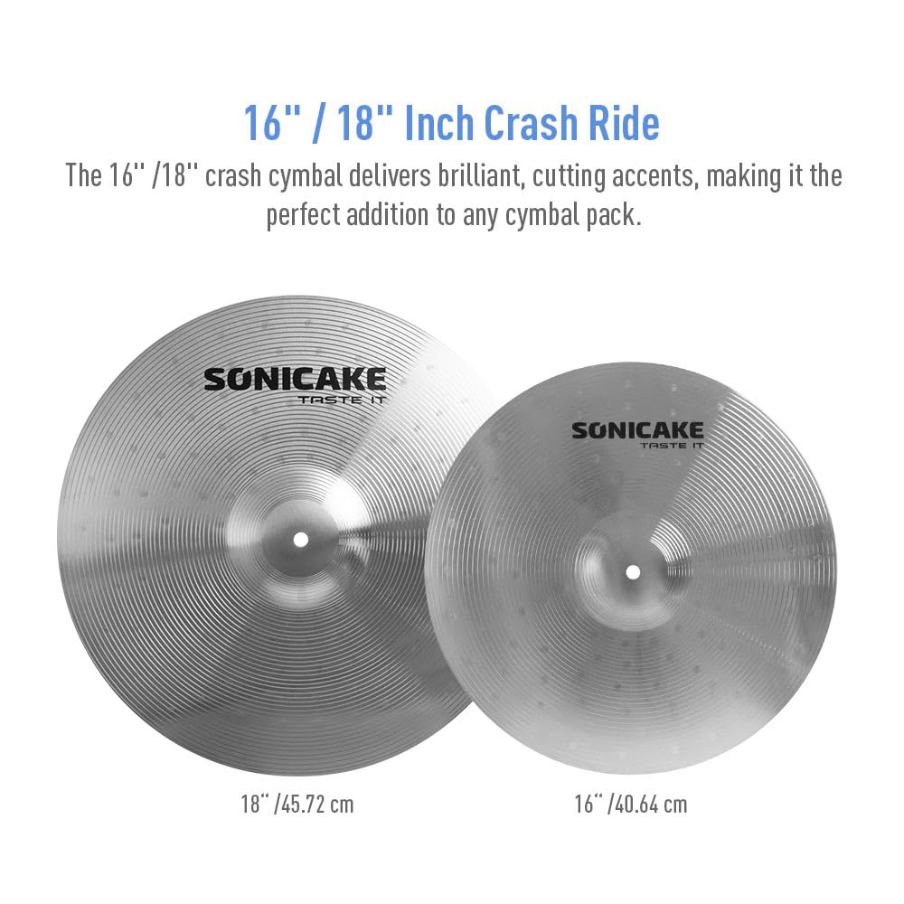 SONICAKE Cymbal Pack Alloy Cymbals Drum Cymbal Set 14"Hi-hats+16"Crash+18"Crash+20"Ride 5 Pieces, Sliver