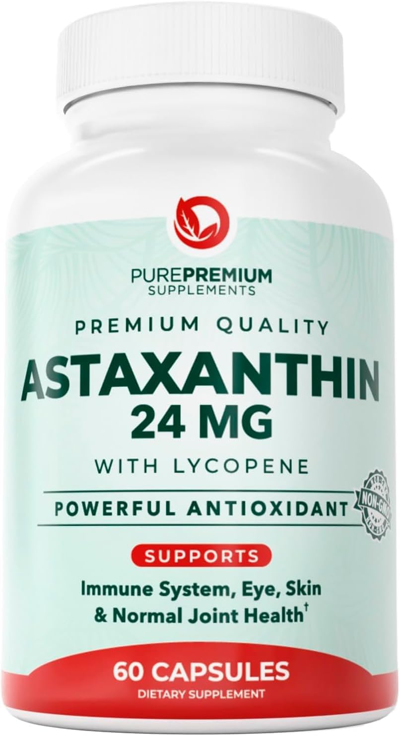 PurePremium Astaxanthin Supplements - Astaxanthin 24mg with Lycopene 50mg Antioxidants Supplement for Skin & Eye Health, Normal Joint Support & Immune System Support – Non-GMO - 60 Count