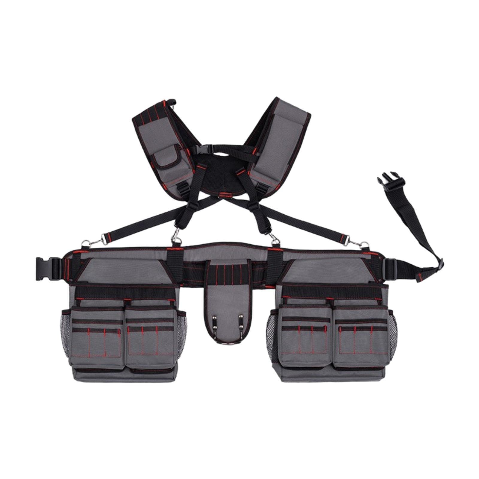 Ceinture Porte-outils avec Bretelles, Sacoche de Ceinture, Pochette Utilitaire Professionnelle étanche pour Les Travailleurs de La Construction, Gris Rouge