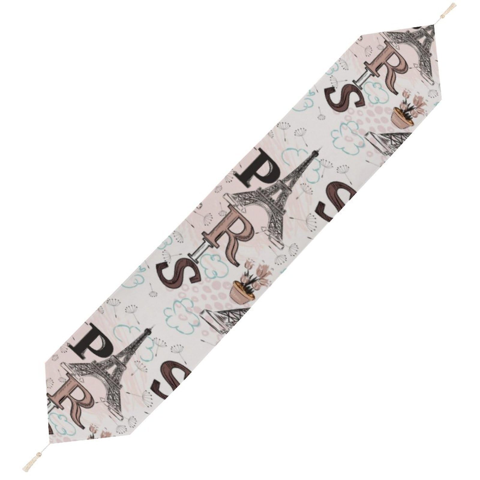 JZemdybill 229*33cm Table Runner with Tassel, Paris Eiffel Tower Floral Table Runner, Table Decoration for Kitchen, Party, Restaurant