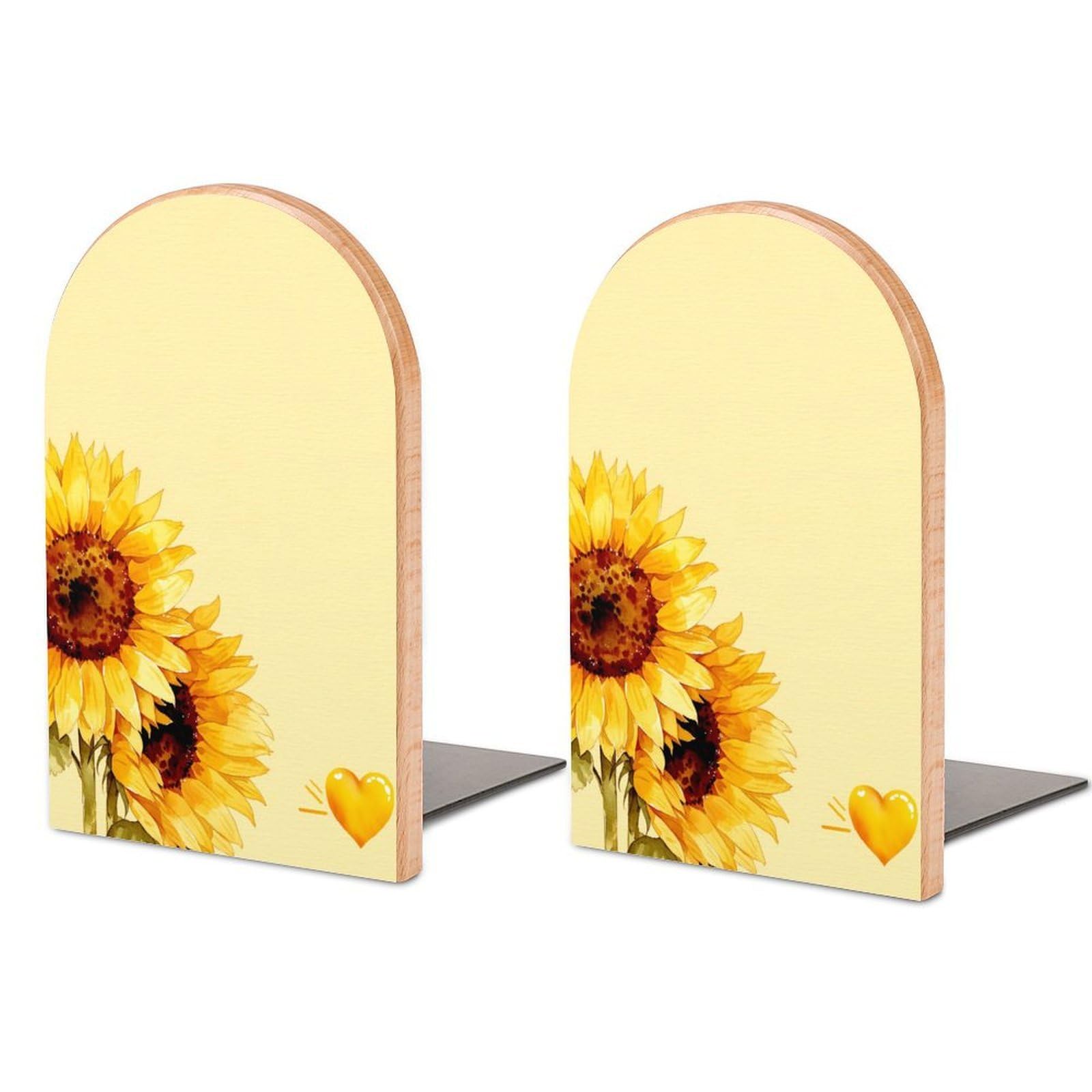 Two Watercolor Sunflowers Bright Yellow Petals Wooden Bookends Shelves 2 PCS Sturdy Book Holders Desktop Organizer for Home Office Libraries