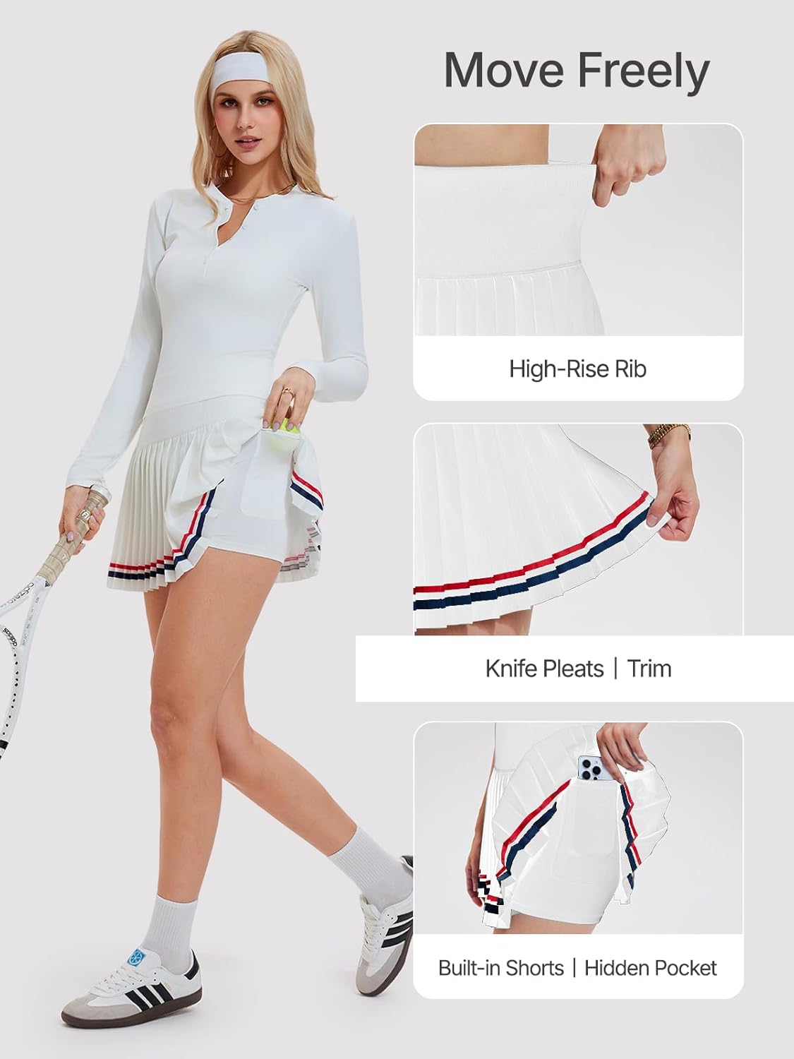 Women's Tennis Skirt Set 2 Piece Long Sleeve Henley & Pleated Skort - Pickleball Outfits, Athletic Dress Alternative - Image 3