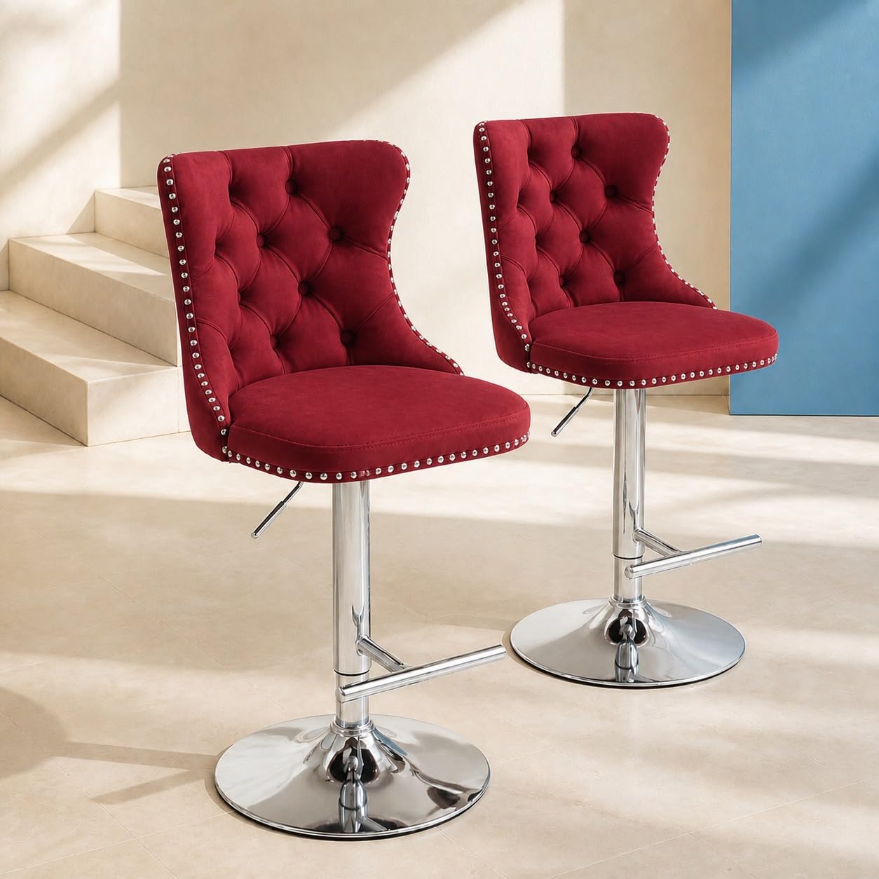 ODUSE-DAILY Burgundy Velvet Bar Stools Set of 2