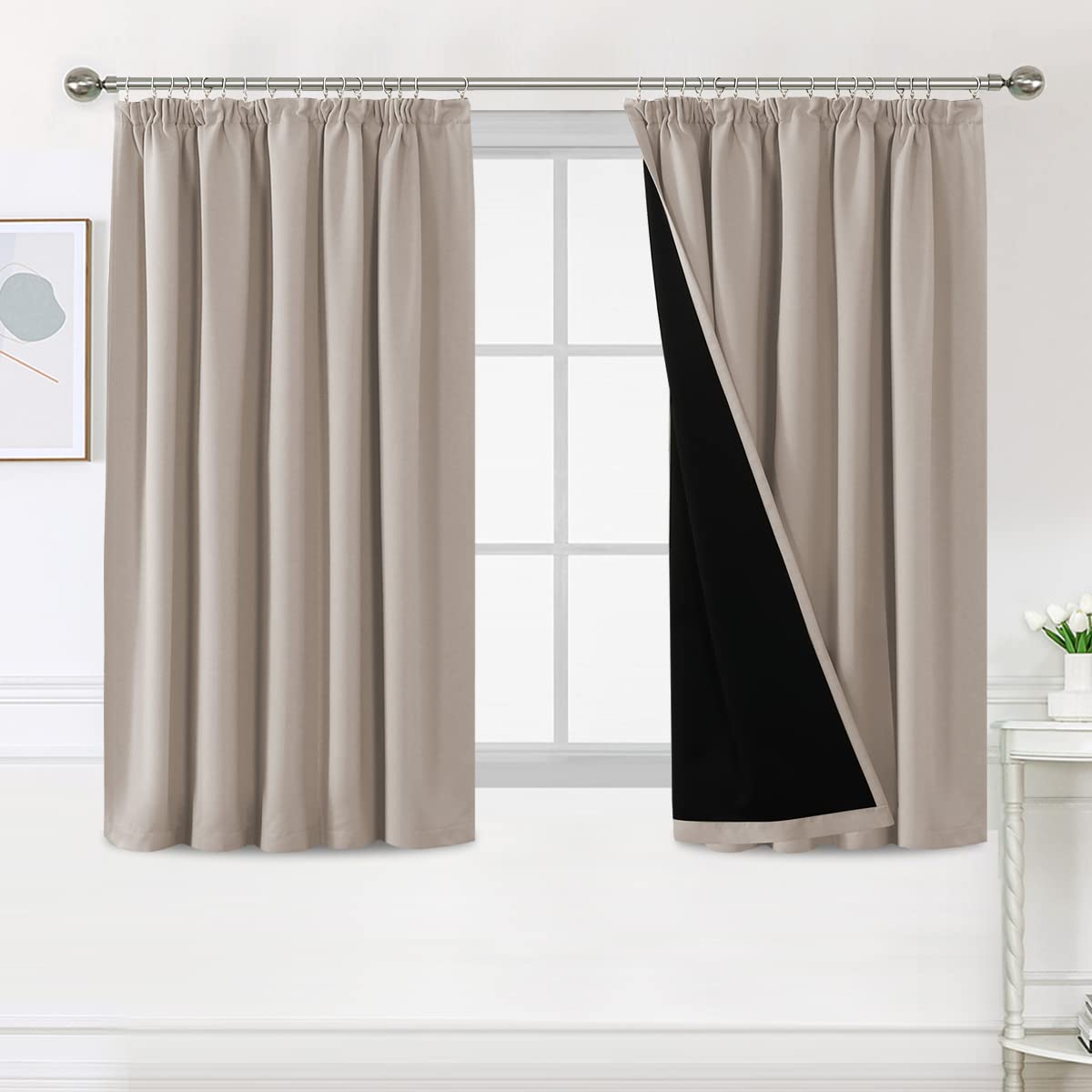 Bellahills Natural Sand 100% Blackout Curtains For Bedroom Thermal Insulated Curtains & Drapes Blackout Curtains Pencil Pleat Curtains For Living Room With Black Liner 2 Panels, 46 X 54 Inch,