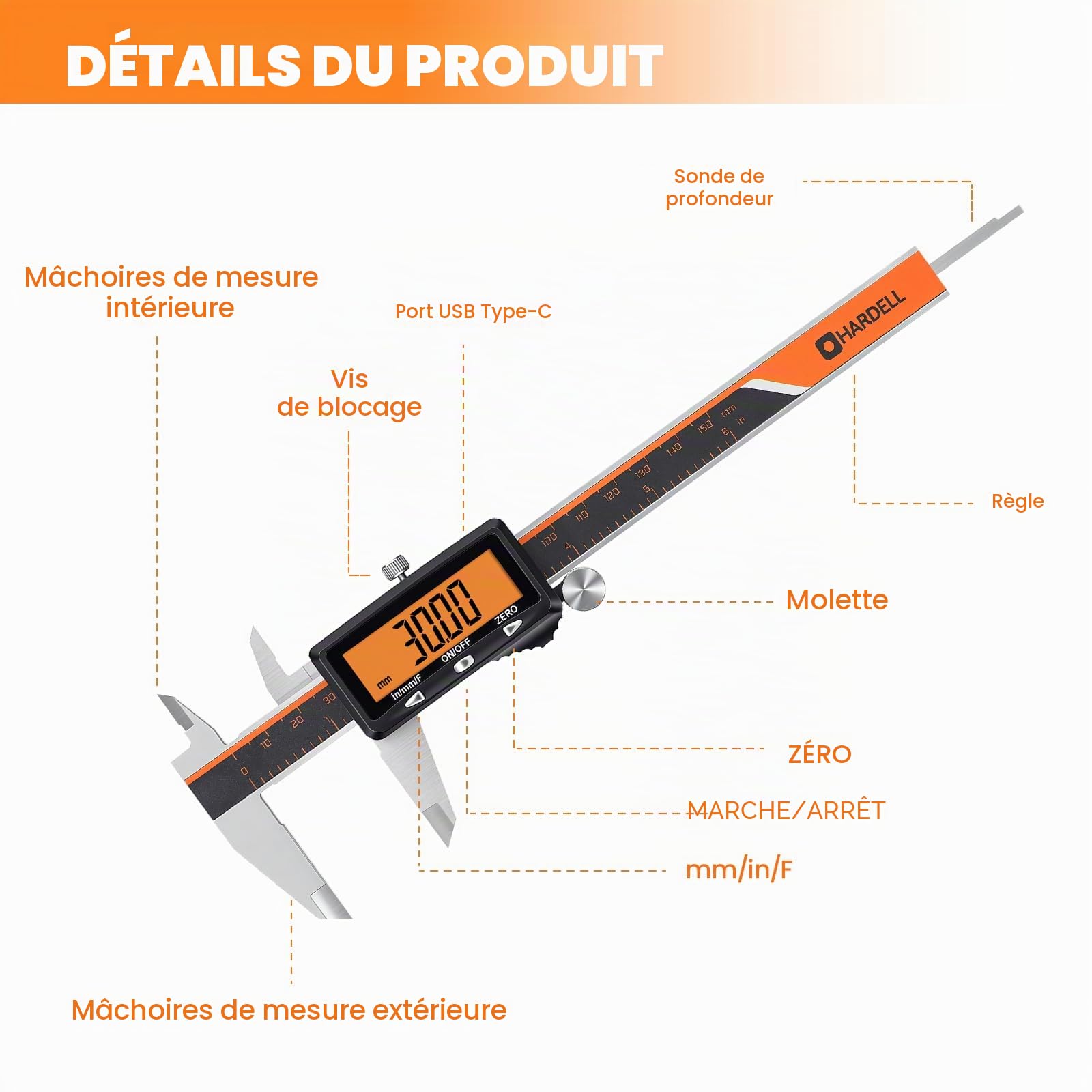 HARDELL Pied à Coulisse Numérique Rechargeable 150 mm/6" – Grand Écran Orange, Micromètre Acier Inoxydable, Arrêt Automatique, Pouce/mm/Fraction, pour Bricolage Maison & Impression 3D