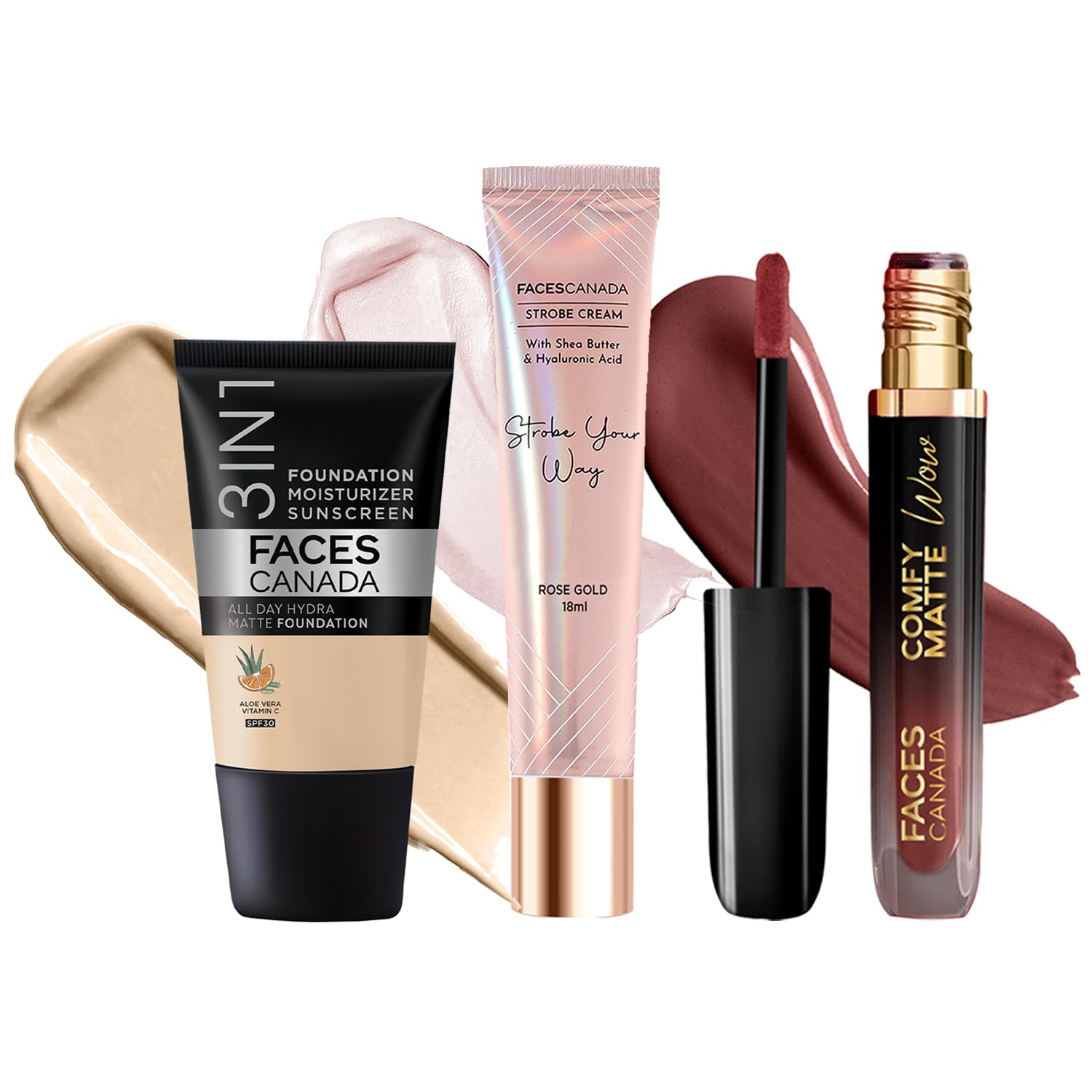 faces canada celeb glow combo | strobe cream - rose gold, 18ml + hydra matte foundation - absolute ivory, 18ml + comfy matte wow - cocoa crush, 3.8ml | highlighter | highly pigmented | pack of 3