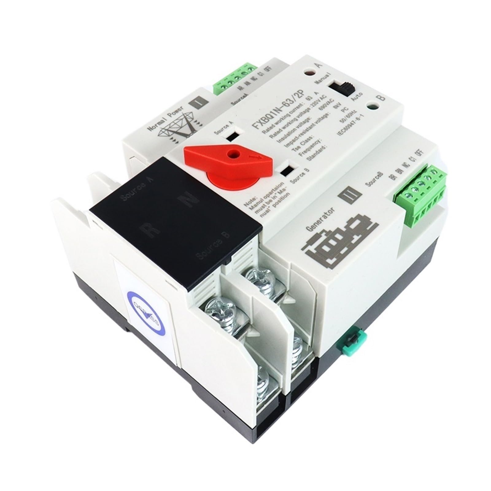 Commutateur de transfert automatique à double puis 2P Din Rail ATS commutateur de transfert automatique double puissance commutateurs de sélecteur électrique alimentation ininterrompue 220VAC 63A 100A