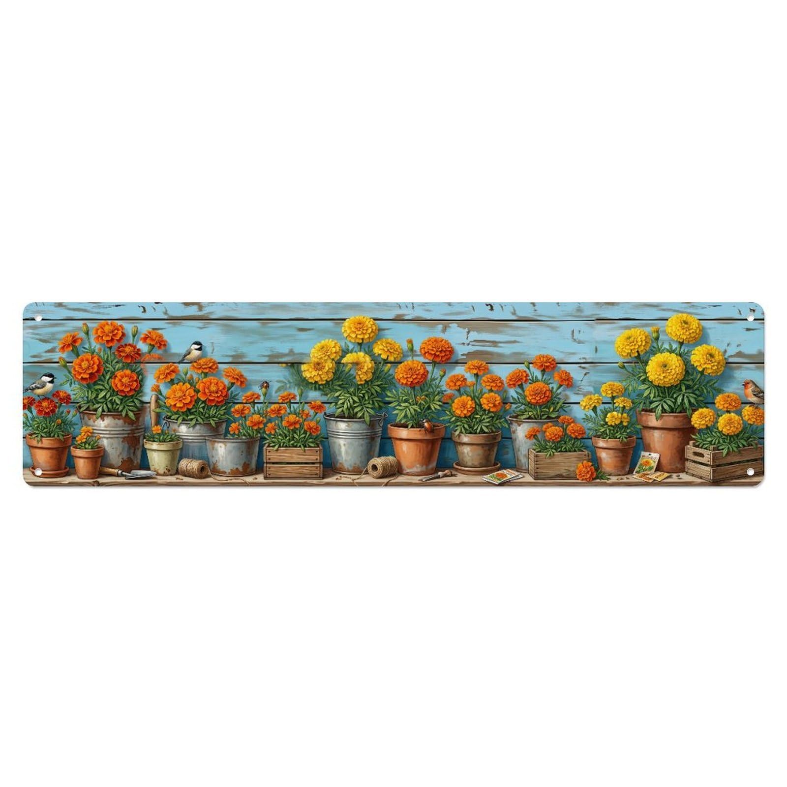Fqnyr Style Metal Tin Sign Garden Tools Vintage Marigold Tagetes Pattern