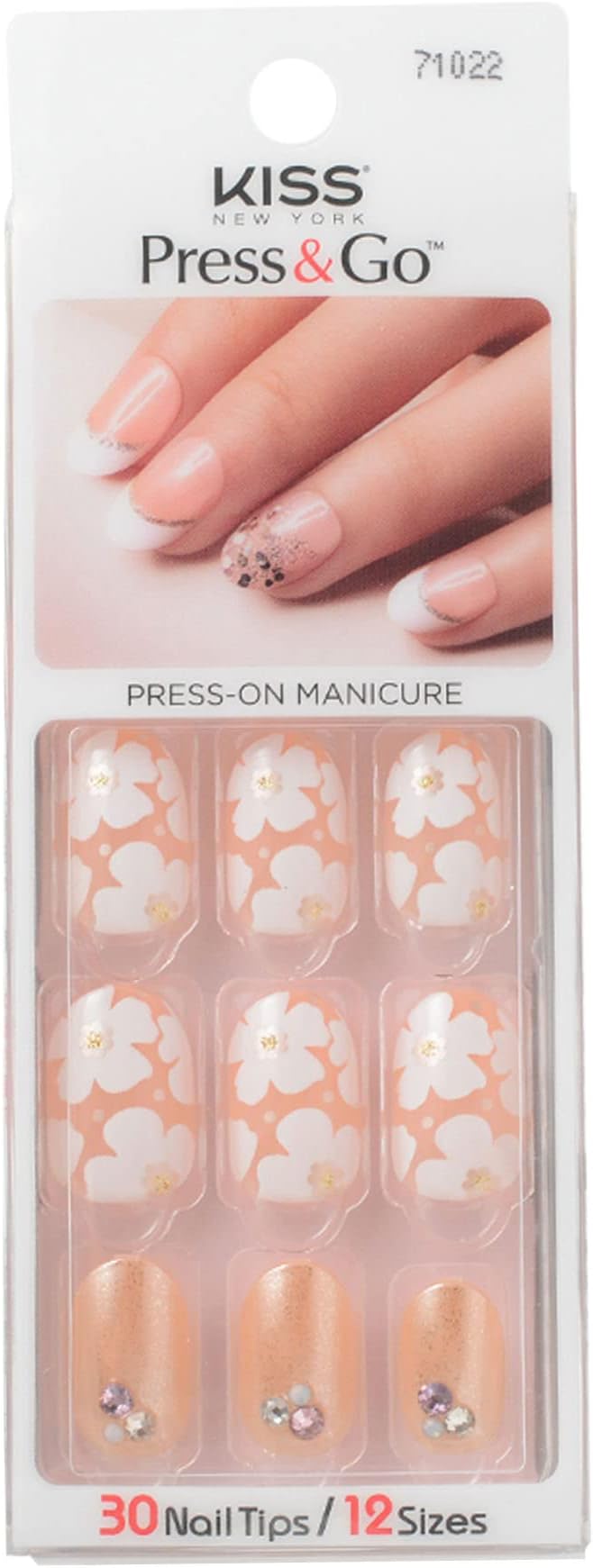 Press and Go False Nails Press On Nails Full Cover Nails Tips with Self Adhesive Tabs (Pink Flower)